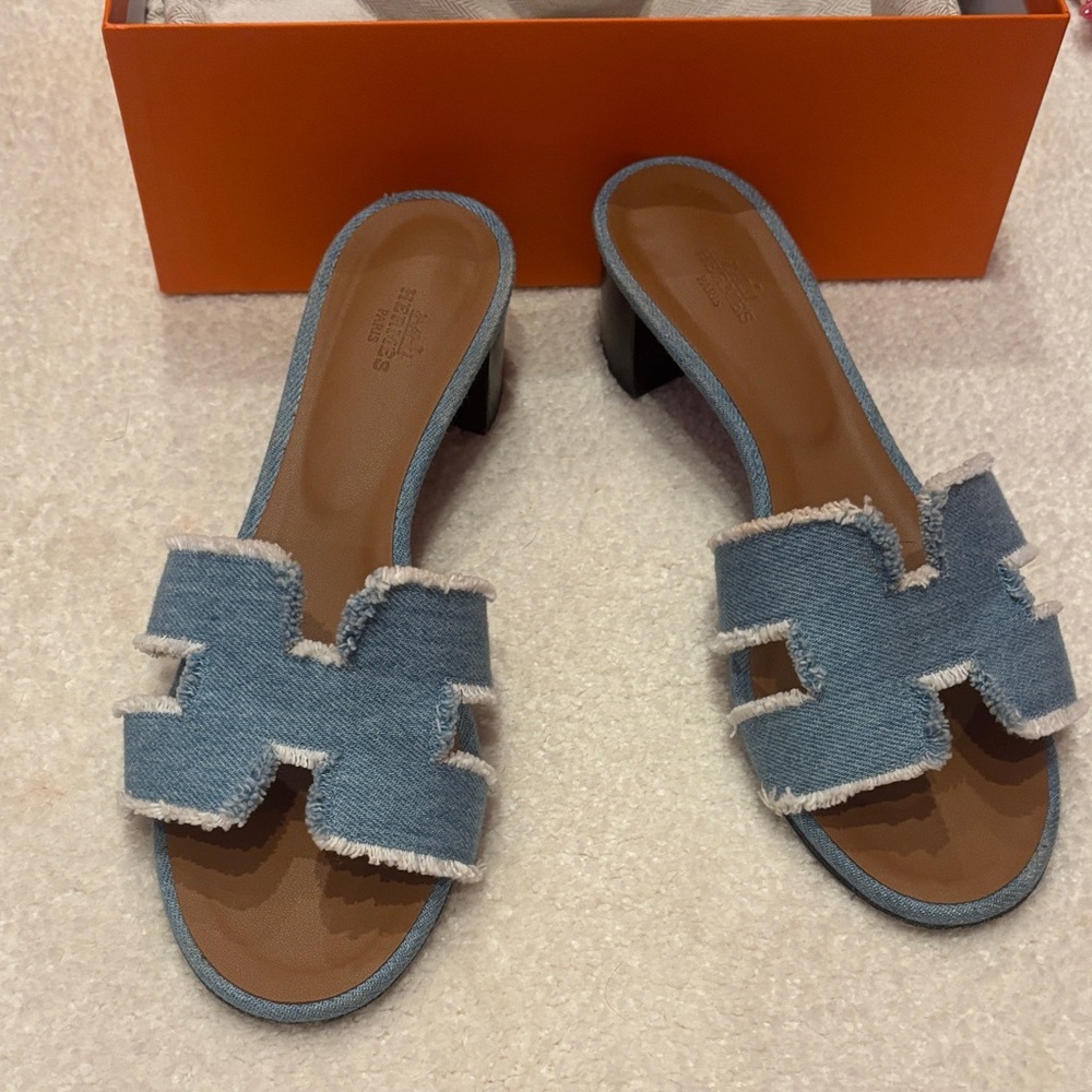 Hermes Blue Denim Slide Sandals
